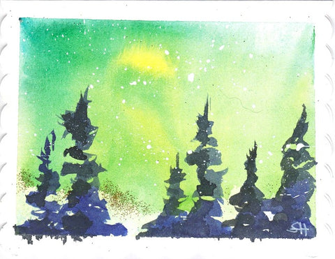 'Winter Sky & Evergreens I' 2 Pack Original Art Card