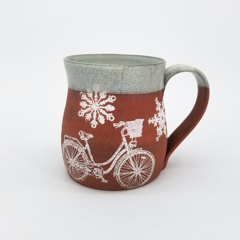 Snowflakes and Bicycles Handmade Mug