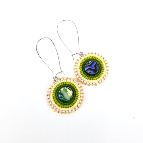 Beaded Flat Stitch Circular Earrings with Abalone