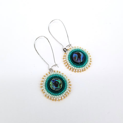 Beaded Flat Stitch Circular Earrings with Abalone