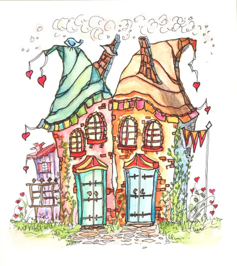 'Bluebirds of Happiness' Original Watercolour & Ink House Paintings Style 5 - Arts and Heritage St. Albert