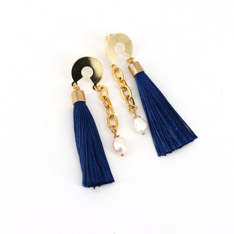 Tassel, Gold Chain and Pearl Earrings Blue - Arts and Heritage St. Albert
