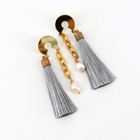Tassel, Gold Chain and Pearl Earrings Grey - Arts and Heritage St. Albert
