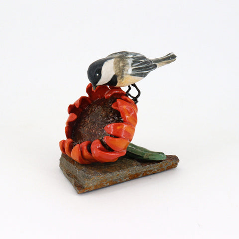 Chickadee on Sunflower Sculpture Chickadee 6 - Arts and Heritage St. Albert
