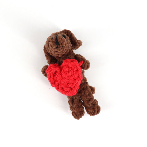 Crocheted Extra Tiny Dog 'Snugglers' Brown with Red Heart - Arts and Heritage St. Albert