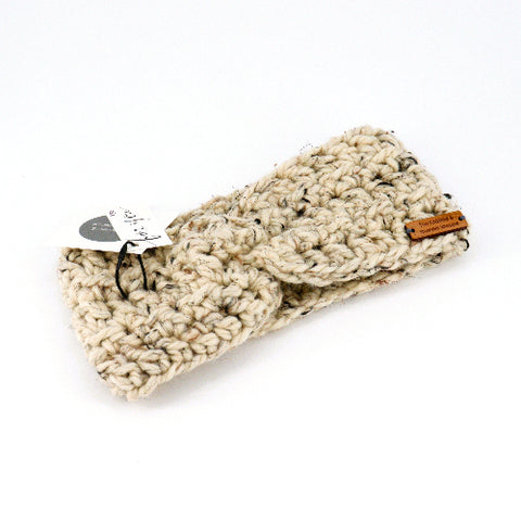 Hand Knit Twisted Ear Warmer Headband Speckled Oatmeal - Arts and Heritage St. Albert