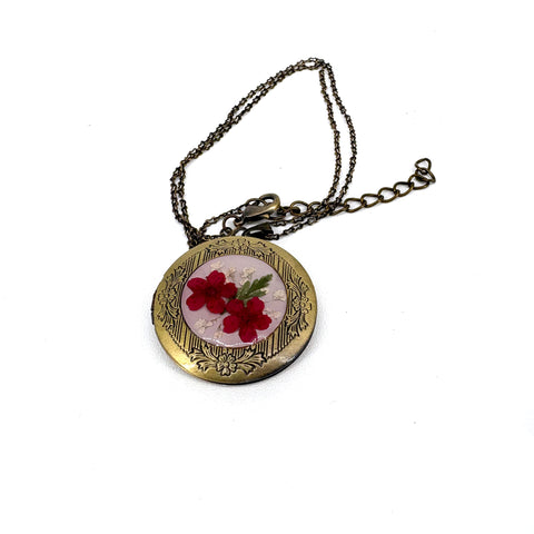 Pressed flower Necklace Locket antique gold pink flowers - Arts and Heritage St. Albert
