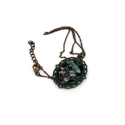 Pressed flower Necklace Oval antique brass green flowers - Arts and Heritage St. Albert