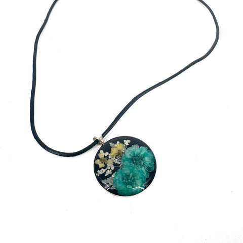 Pressed Flower Necklace Round Teal Flowers Leather - Arts and Heritage St. Albert