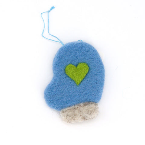 Felted Mitten Ornament Blue with Green Heart - Arts and Heritage St. Albert