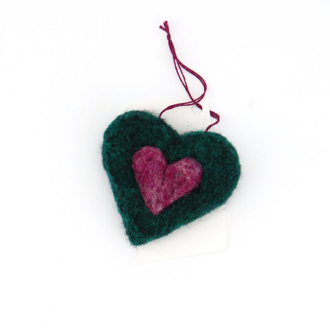 Flat Felted Heart Ornament Green with Purple Heart - Arts and Heritage St. Albert