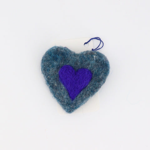 Flat Felted Heart Ornament Blue with Purple Heart - Arts and Heritage St. Albert