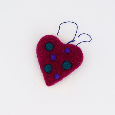 Flat Felted Heart Ornament Burgundy with Purple & Green Polka Dots - Arts and Heritage St. Albert