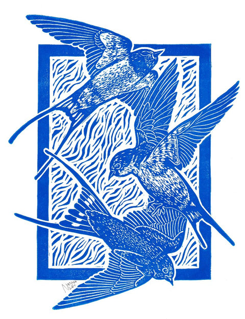 'Three Swallows' Hand Print Blue - Arts and Heritage St. Albert