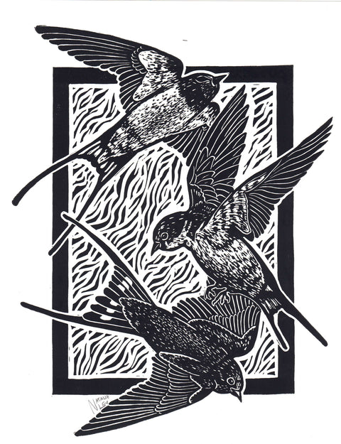 'Three Swallows' Hand Print Black and White - Arts and Heritage St. Albert