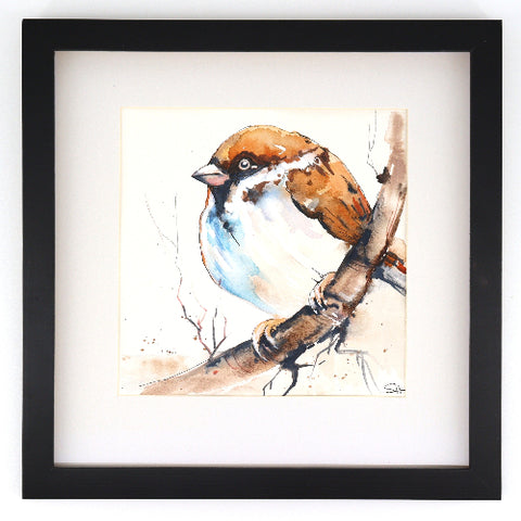Framed Original 12" x 12" Bird Watercolour Paintings by Sabine Hahnel Waiting it Out - Arts and Heritage St. Albert
