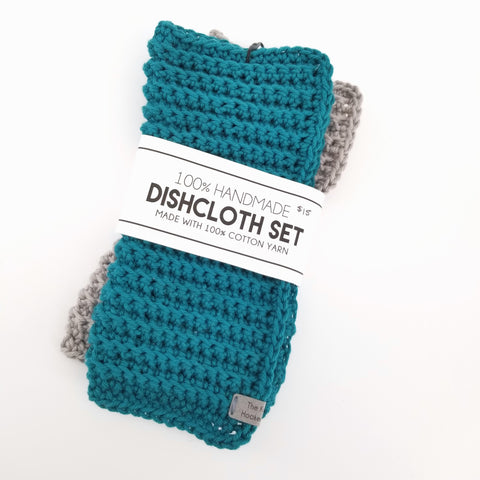 Hand Knit Dish Cloths Turquoise & Grey - Arts and Heritage St. Albert