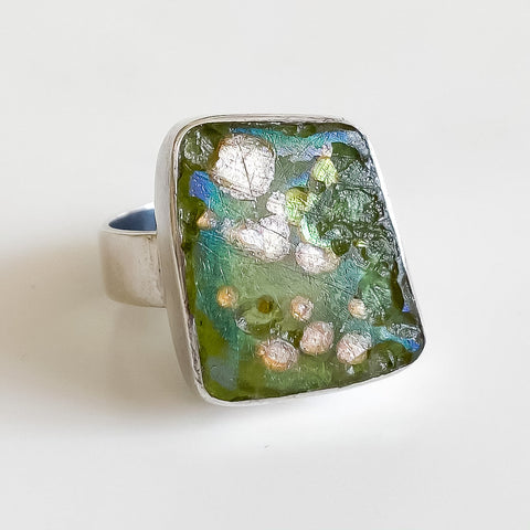 Ancient Glass Ring, Rectangle, Green, Size 7 - Arts and Heritage St. Albert