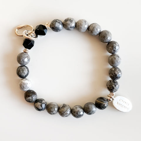 Snakeskin Stone, Black Onyx, Silver Curve Pendant Bracelet - Arts and Heritage St. Albert