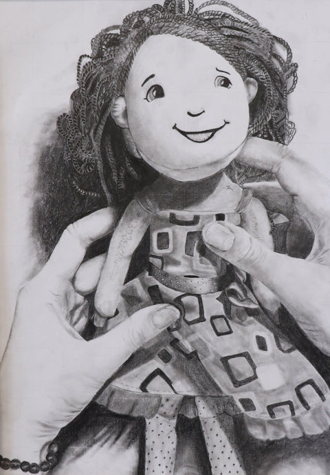 Black and white drawing of a doll with patterned dress held by hands