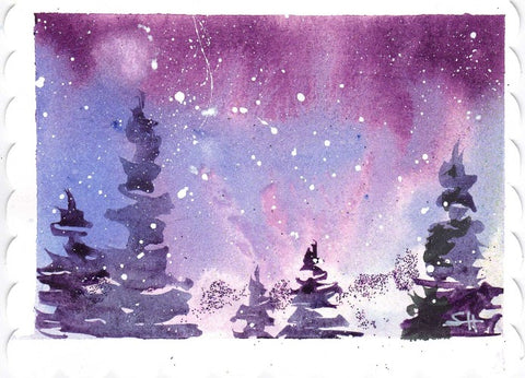 'Winter Sky & Evergreens V' 2 Pack Original Art Card