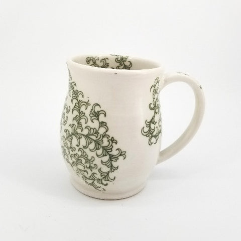 White Handmade Mug with Green Pattern