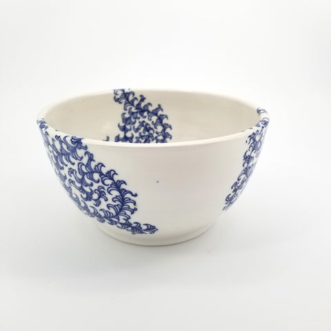 Large White Handmade Bowl with Blue Pattern