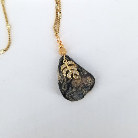 Ancient Glass Drop Pendant with Leaf Charm Necklace