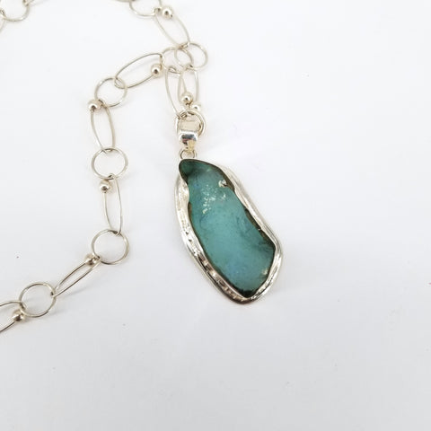 Ancient Glass Chain Necklace with Aqua Pendant