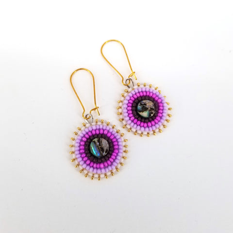 Beaded Flat Stitch Circular Earrings with Abalone