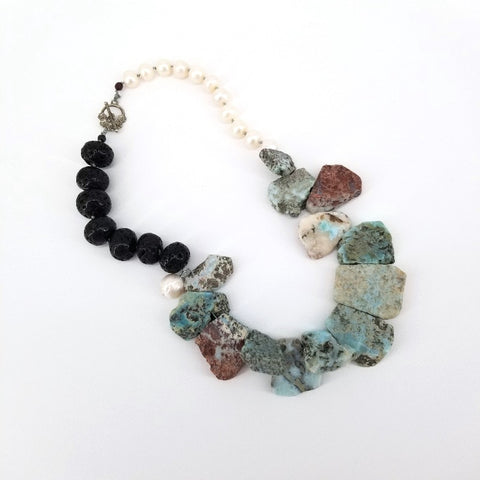 'Pema' Chunky Necklace with Pearl & Black Quartz