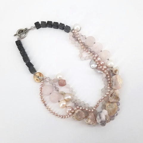 'Pema' Necklace with Rose Quartz, Agate, Freshwater Pearls & Lava Rock