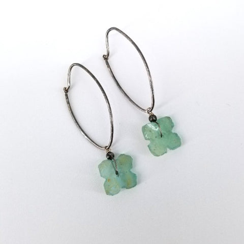 Ancient Glass Earrings, Aqua Flower, Oval Continuous Hoop