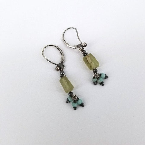 Ancient Glass Earrings, Rectangle Piece With 3 Charm Drops, Silver Leverback