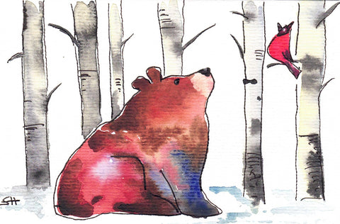 'Animal' 4 x 6 Original Art Cards by Sabine Hahnel Bear and Cardinal - Arts and Heritage St. Albert