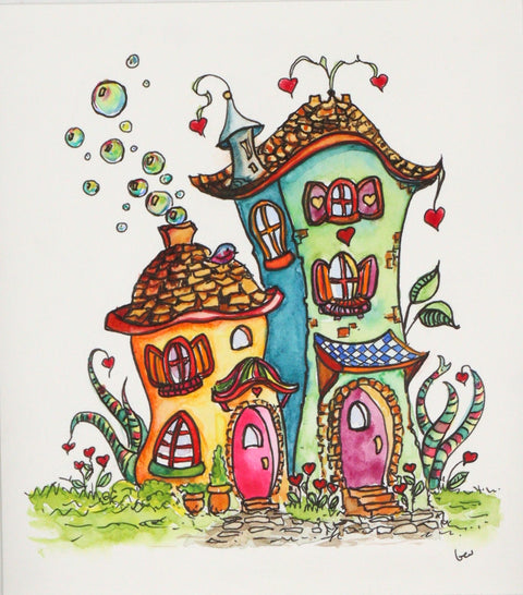 'Bluebirds of Happiness' Original Watercolour & Ink House Paintings Style 8 - Arts and Heritage St. Albert