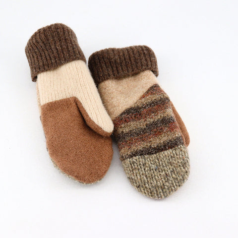 Handmade Upcycled Wool Mittens - Small Brown Tones with Brown Cuff - Arts and Heritage St. Albert