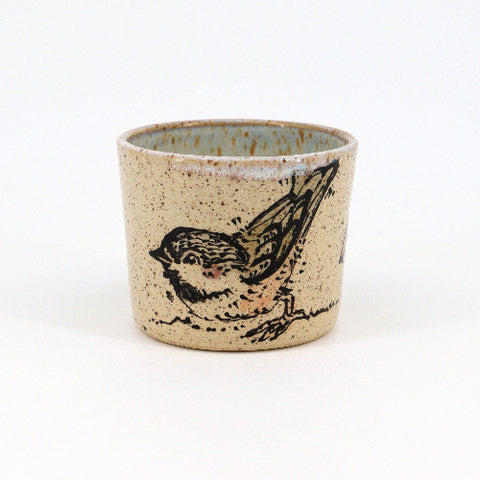 Small Colourful Illustrated Creature Cups Chickadee & Pansies - Arts and Heritage St. Albert