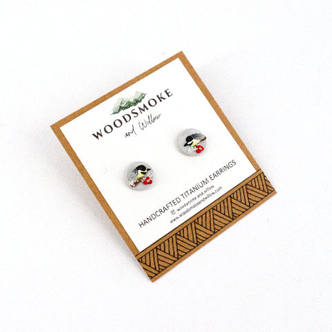 Chickadee in Winter Stud Earrings - Arts and Heritage St. Albert