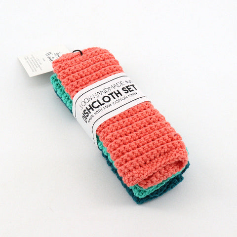 Set of Three Hand Knit Dish Cloths Coral, Green & Teal - Arts and Heritage St. Albert