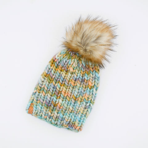 Hand Knit Mountain Capped Toque Aqua & Browns - Arts and Heritage St. Albert