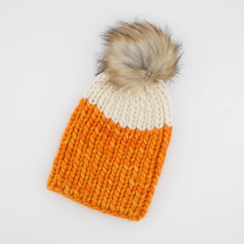 Hand Knit Mountain Capped Toque Orange - Arts and Heritage St. Albert