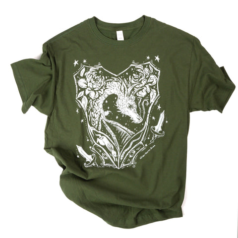 'Dragon of My Heart' Hand Silkscreened Magical Creature T-Shirt Extra Large Green - Arts and Heritage St. Albert