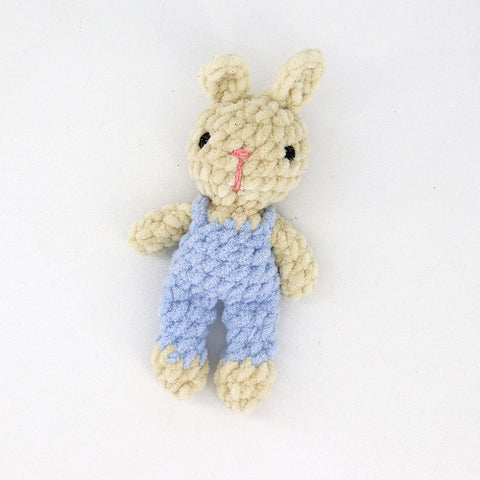 Crocheted Fable Babies Bunny in Blue Overalls - Arts and Heritage St. Albert