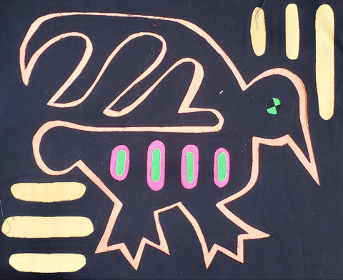 Colorful fabric mola wall hanging from Summer Art Club classes by Arts and Heritage Foundation St. Albert.