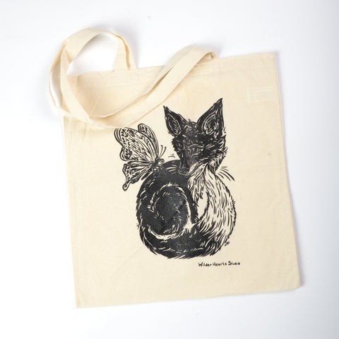 Hand Silkscreened Magical Creature Tote Bags Fox & Butterfly - Arts and Heritage St. Albert