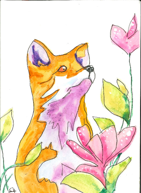 'Animal Series' 5 x 7 Original Art Cards by Sabine Hahnel Fox and Flowers - Arts and Heritage St. Albert