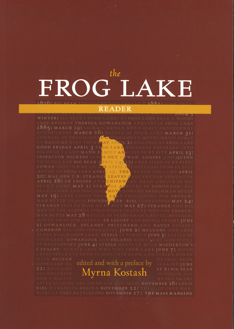 Cover image of "The Frog Lake Reader" book by NeWest Press, featuring artwork related to the Frog Lake theme.