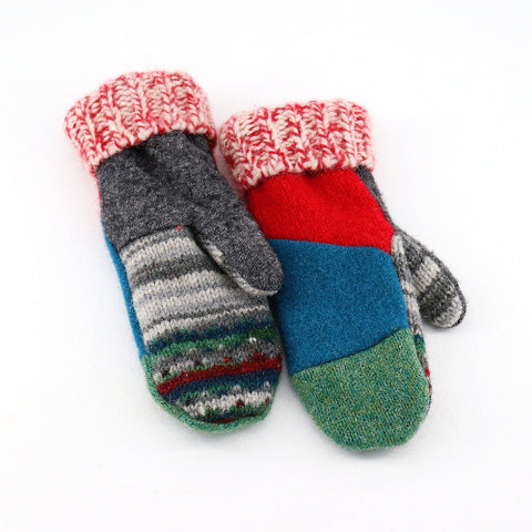 Handmade Upcycled Wool Mittens - Small Green, Blue and Red with Red & White Cuff - Arts and Heritage St. Albert