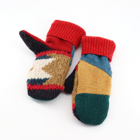 Handmade Upcycled Wool Mittens - Large Green, Yellow & Blue with Red Cuff - Arts and Heritage St. Albert